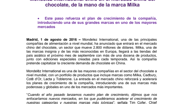 Mondelēz International entra en el mercado chino del chocolate, de la mano de la marca Milka