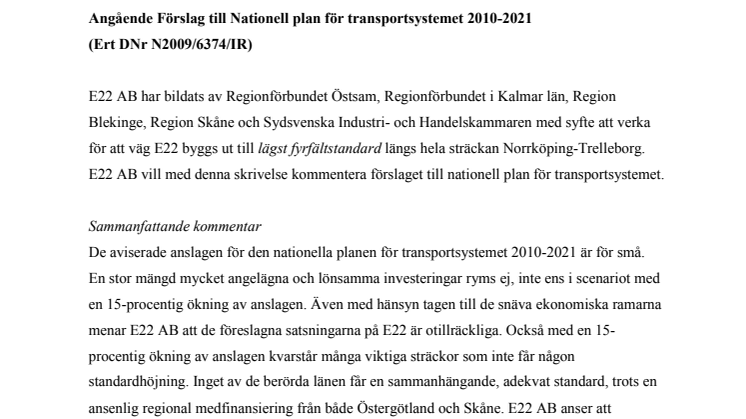 Angående Förslag till Nationell plan för transportsystemet 2010-2021 (Ert DNr N2009/6374/IR)