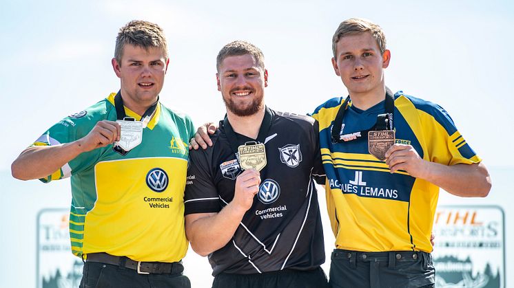 Josh Bakes, Australien, Chris Lord, Nya Zeeland, och Emil Hansson från Sverige stod överst på pallen i Rookie-VM. Foto: STIHL TIMBERSPORTS®.