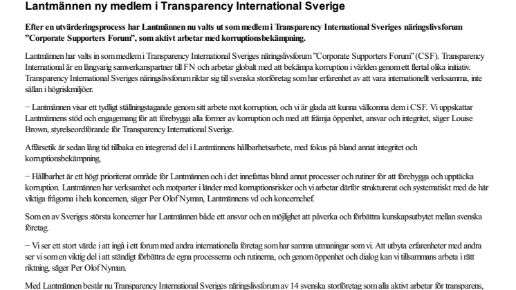 Lantmännen ny medlem i Transparency International Sverige