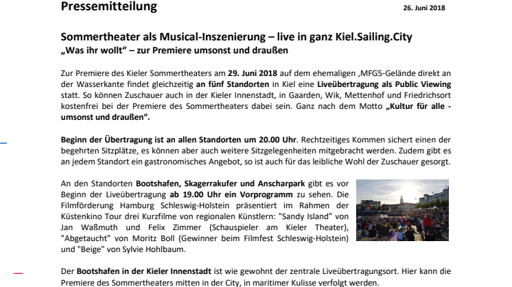 Organisatoren präsentieren Liveübertragung des Kieler Sommertheaters - kostenlos an fünf Standorten