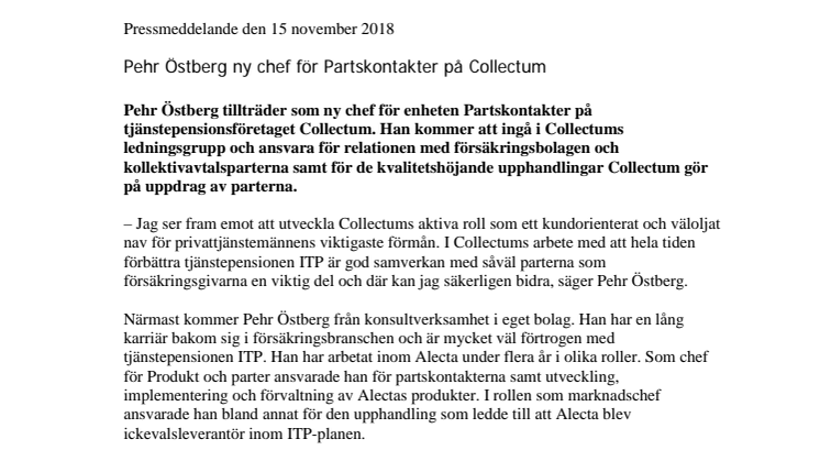 Pehr Östberg ny chef för Partskontakter på Collectum