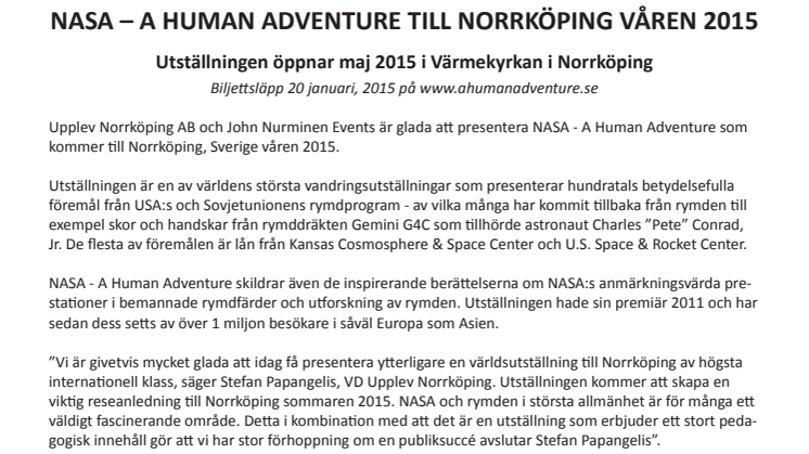 NASA – A Human Adventure till Norrköping våren 2015