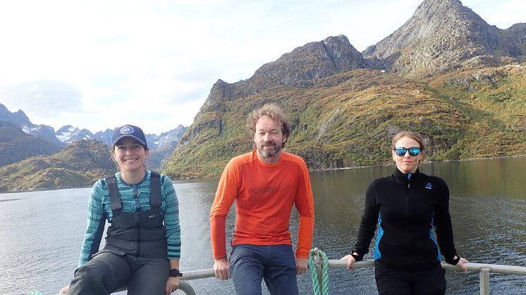 Fra venstre: Kathy Dunlop (HI), Nigel Brian Keeley (HI) og Ragnhild Pettersen (Akvaplan-niva) på AQUAeD feltarbeid i Lofoten (Foto: HI).