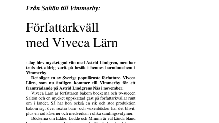 Författarkväll med Viveca Lärn på Astrid Lindgrens Näs 