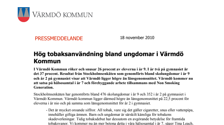 Hög tobaksanvändning bland ungdomar i Värmdö Kommun