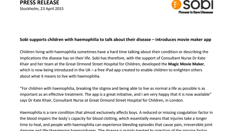 Sobi supports children with haemophilia to talk about their disease – introduces movie maker app 