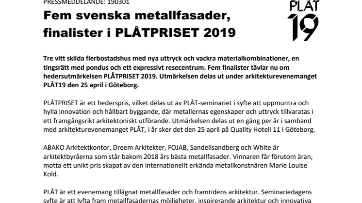 Fem svenska metallfasader, finalister i PLÅTPRISET 2019