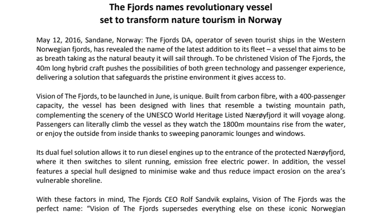 The Fjords names revolutionary vessel set to transform nature tourism in Norway