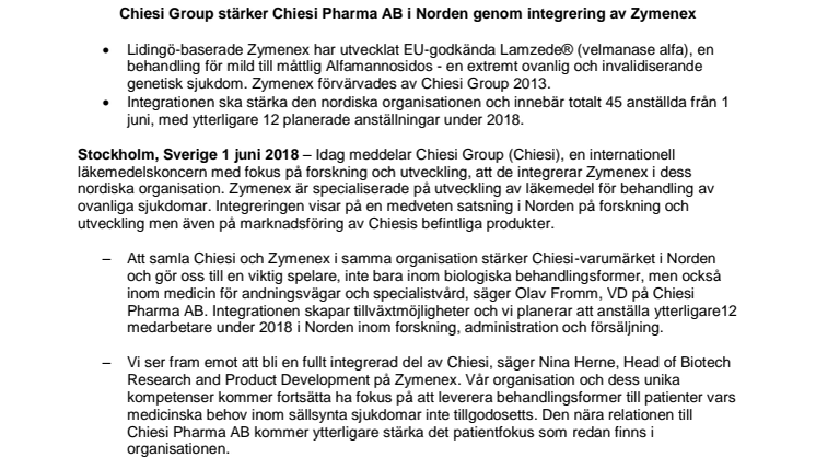 Chiesi Group stärker Chiesi Pharma AB i Norden genom integrering av Zymenex