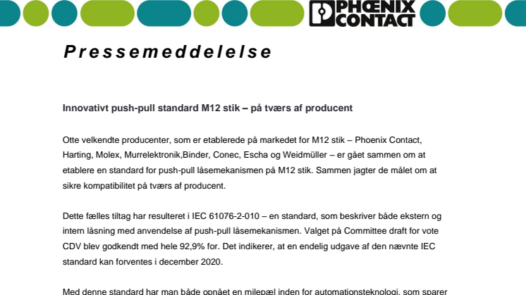 Innovativt push-pull standard M12 stik – på tværs af producent