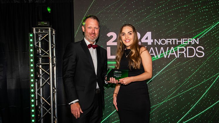 Northumbria student Saffron Sinclair with Mark Dale, Principle Consultant at Nigel Wright Recruitment at the Northern Law Awards