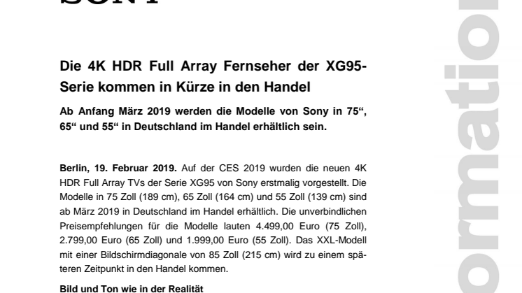 Die 4K HDR Full Array Fernseher der XG95-Serie kommen in Kürze in den Handel