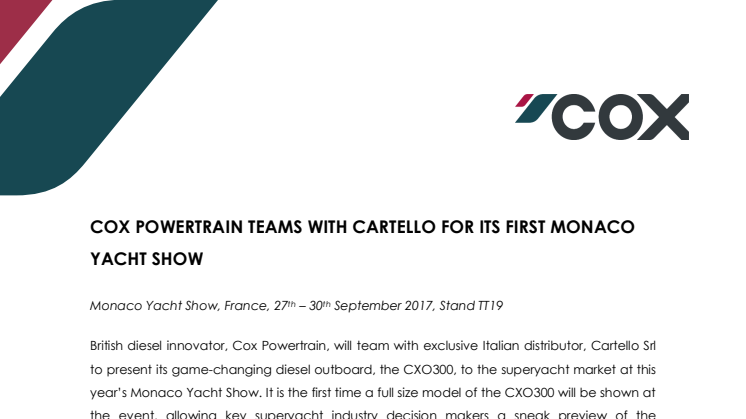 Cox Powertrain: Cox Powertrain Teams with Cartello for its First Monaco Yacht Show