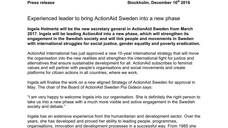 Ingela Holmertz ny generalsekreterare för ActionAid Sverige