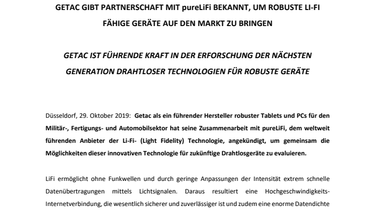 GETAC GIBT PARTNERSCHAFT MIT pureLiFi BEKANNT, UM ROBUSTE LI-FI FÄHIGE GERÄTE AUF DEN MARKT ZU BRINGEN