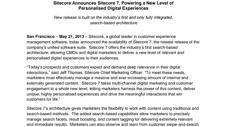 Sitecore Announces Sitecore 7, Powering a New Level of Personalised Digital Experiences