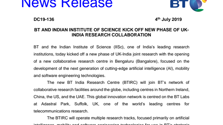 BT and Indian Institute of Science kick off new phase of UK-India research collaboration