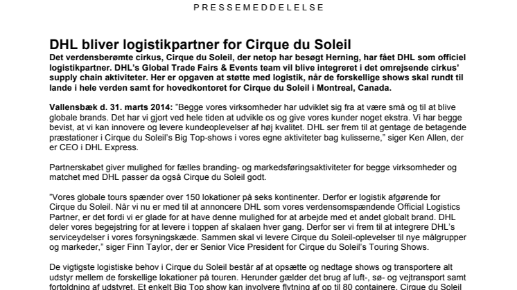 DHL bliver logistikpartner for Cirque du Soleil