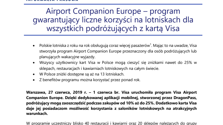 Airport Companion Europe – program gwarantujący liczne korzyści na lotniskach dla wszystkich podróżujących z kartą Visa