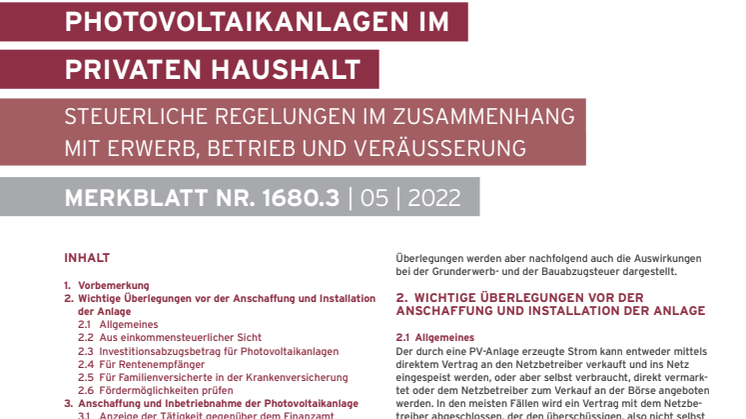 Merkblatt Photovoltaikanlagen im privaten Haushalt