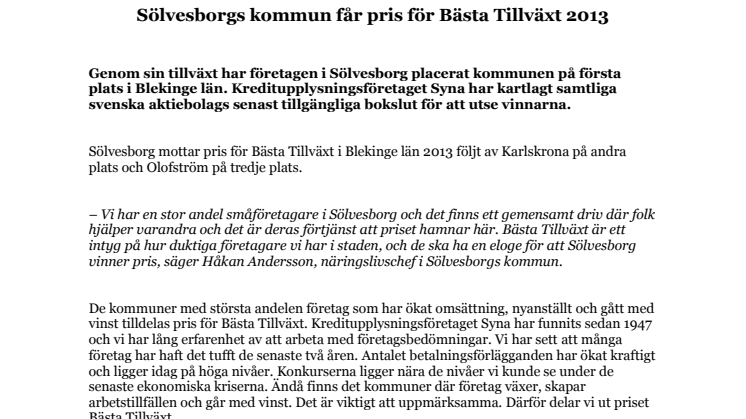 Sölvesborgs kommun får pris för Bästa Tillväxt 2013
