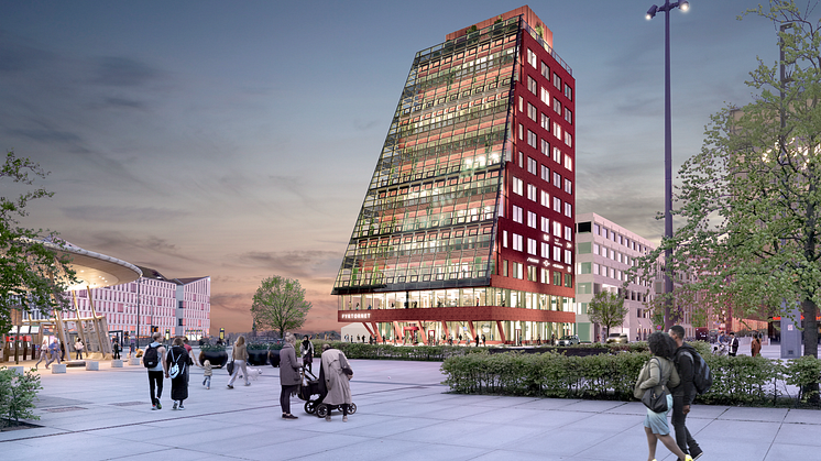 Fyrtornet är det första av sju fastigheter i området Embassy of Sharing som Midroc Properties utvecklar i Hyllie, Malmö. 3D bild: Wingårdhs
