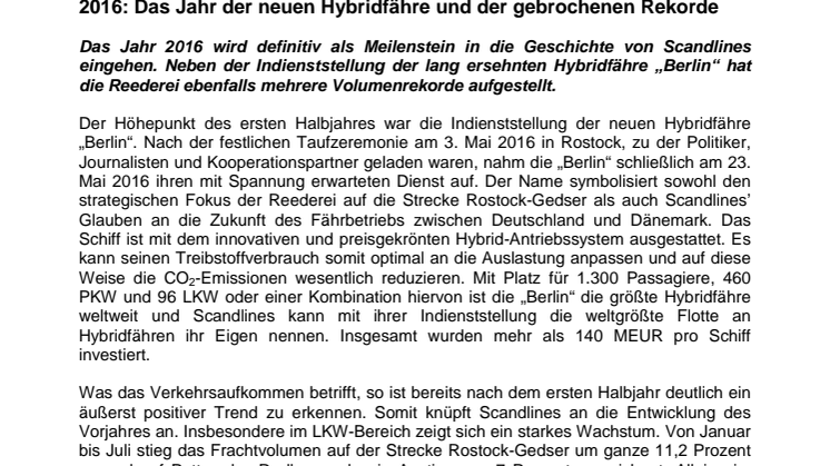 2016: Das Jahr der neuen Hybridfähre und der gebrochenen Rekorde