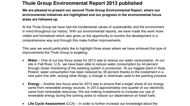 Thule Group Environmental Report 2013 published