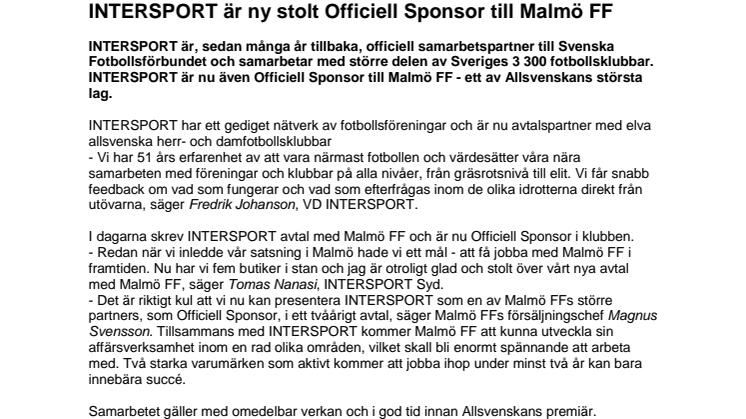 INTERSPORT är ny stolt Officiell Sponsor till Malmö FF