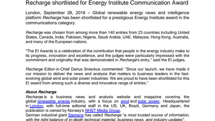 Recharge shortlisted for Energy Institute Communication Award