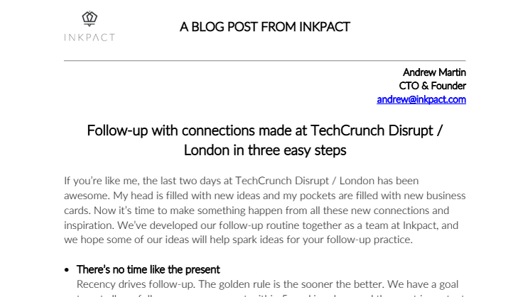 Follow-up with connections made at TechCrunch Disrupt / London in three easy steps