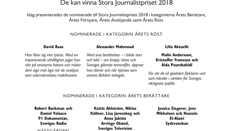 De kan vinna Stora Journalistpriset 2018
