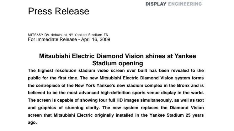 Mitsubishi Electric Diamond Vision shines at Yankee Stadium opening