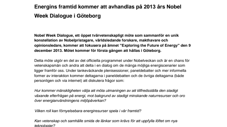 The Future of Energy will be Explored at the 2013 Nobel Week Dialogue in Gothenburg 