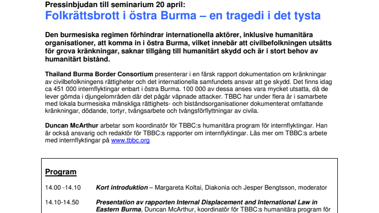 Seminarium den 20 april: Folkrättsbrott i Burma - en tragedi i det tysta