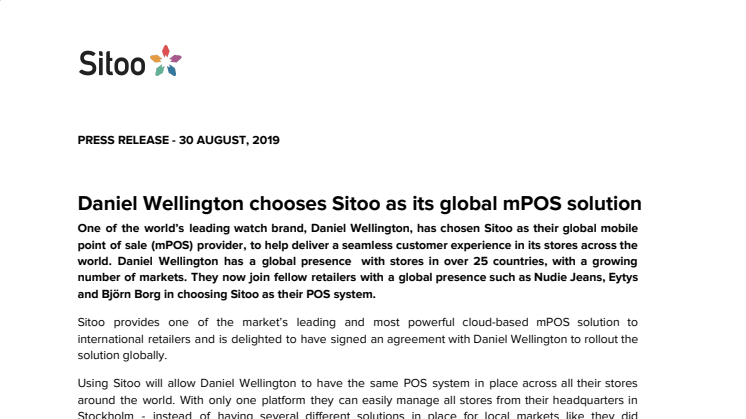 Daniel Wellington chooses Sitoo as its global mPOS solution