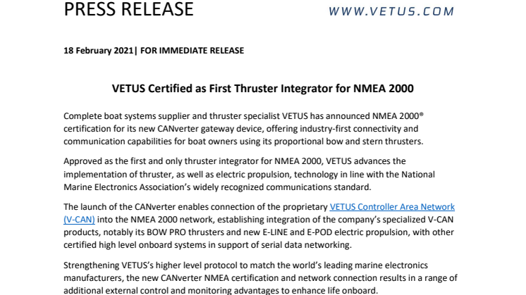 VETUS Certified as First Thruster Integrator for NMEA 2000