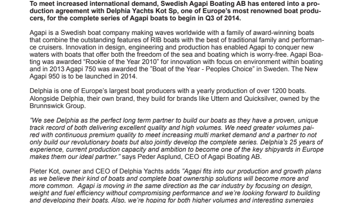Agapi Boating announces  production and development agreement  with Delphia Yachts.