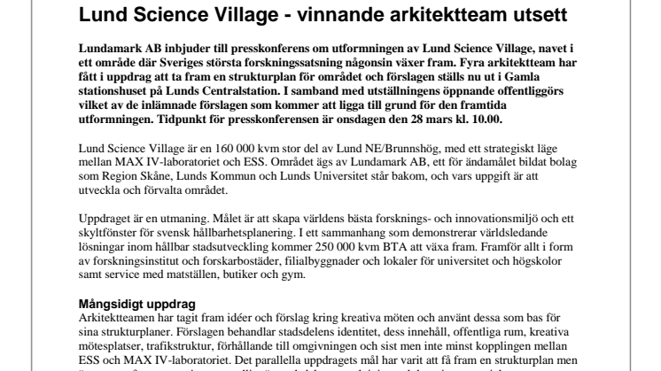 Pressinbjudan: Lund Science Village - vinnande arkitektteam utsett