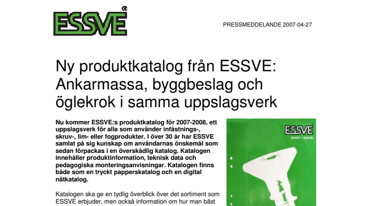 Ny produktkatalog från ESSVE: Ankarmassa, byggbeslag och öglekrok i samma uppslagsverk