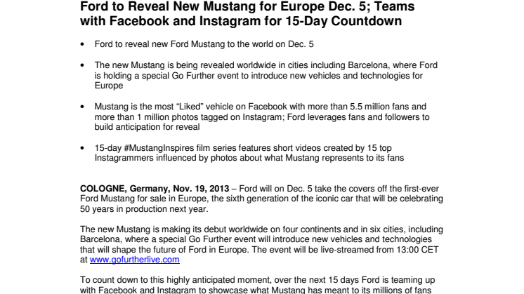 Ford to Reveal New Mustang for Europe Dec. 5; Teams with Facebook and Instagram for 15-Day Countdown