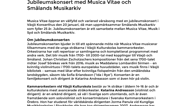 Jubileumskonsert med Musica Vitae och Smålands Musikarkiv