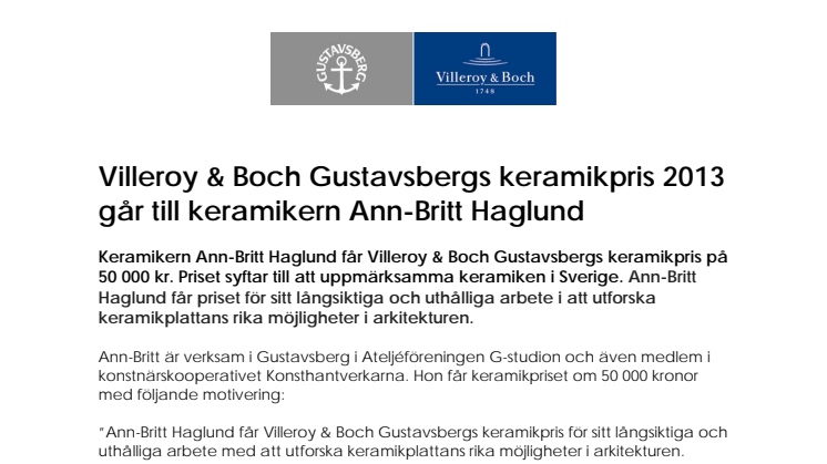 Villeroy & Boch Gustavsbergs keramikpris 2013 går till keramikern Ann-Britt Haglund