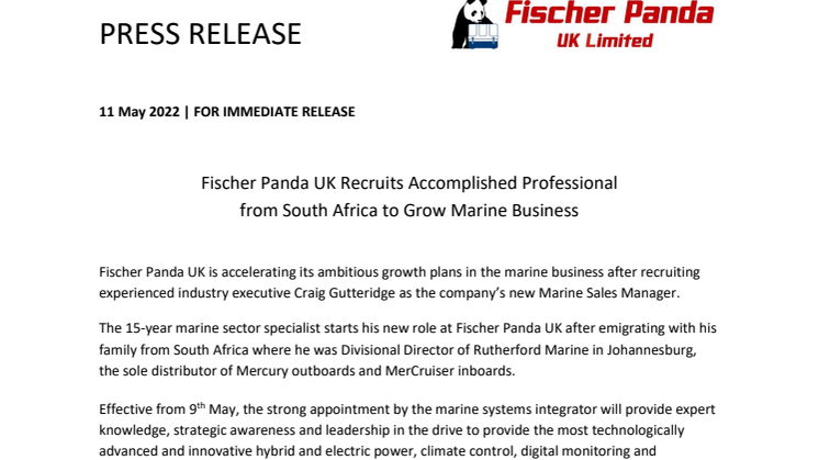 11 May 2022 - Fischer Panda UK Appoints Accomplished Professional from S Africa.pdf