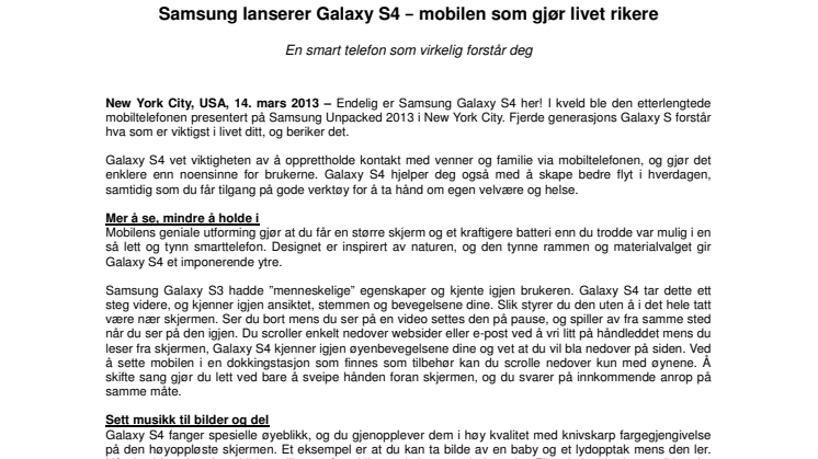Samsung lanserer Galaxy S 4 − mobilen som gjør livet rikere