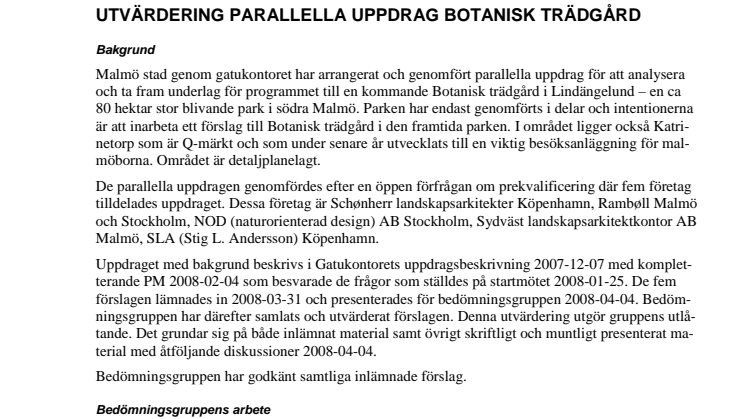 Utvärdering av parallella uppdragen för Malmös Botaniska trädgård