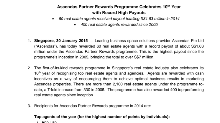 Ascendas Partner Rewards Programme Celebrates 10th Year with Record High Payouts