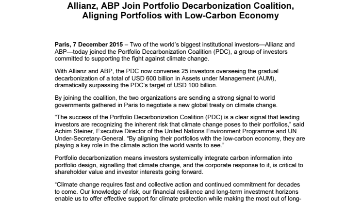 Allianz and ABP joins PDC
