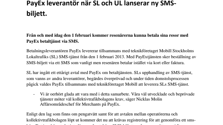 PayEx leverantör när SL och UL lanserar ny SMS-biljett.